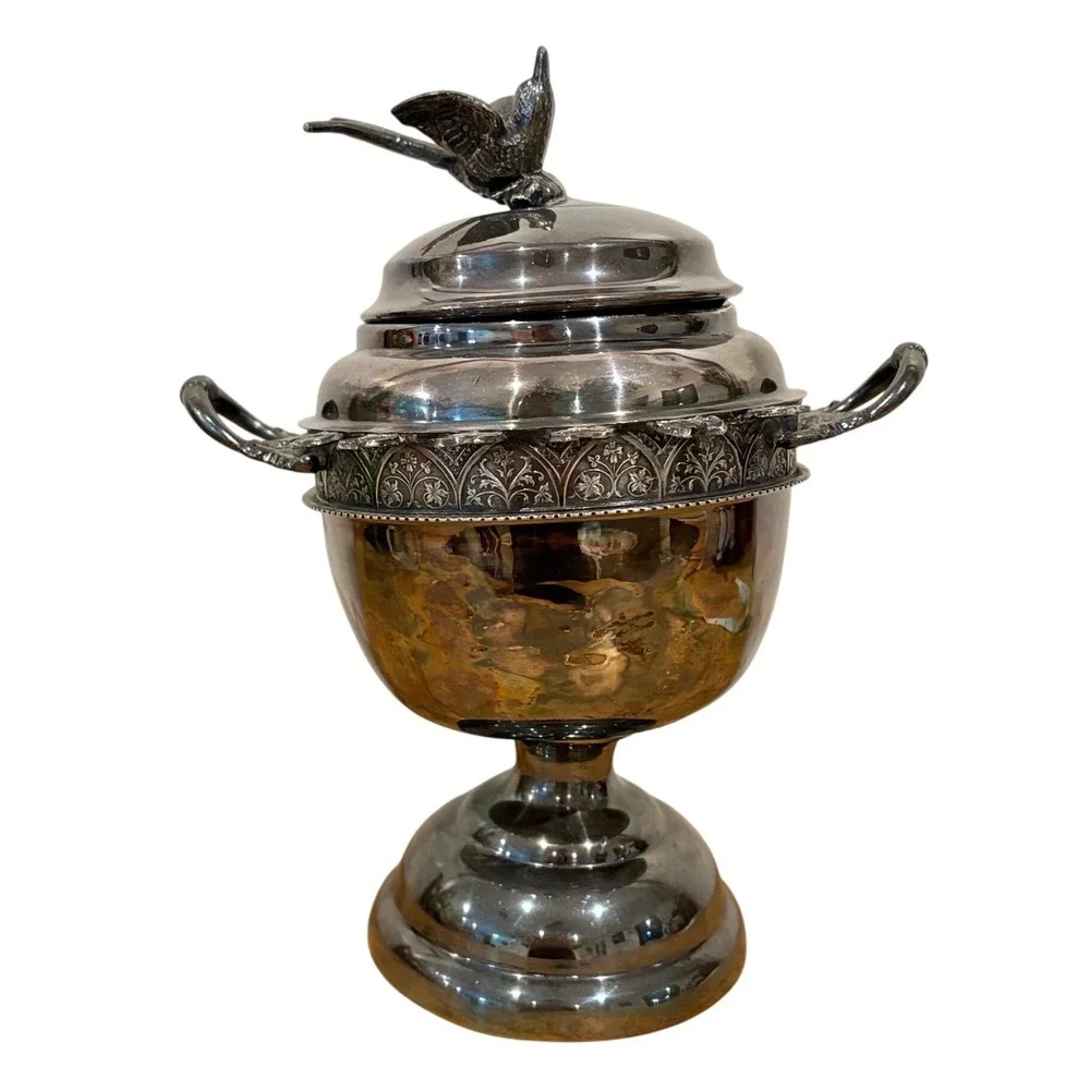Antique Middletown Plate Co Sugar Bowl Bird Finial Triple Plate Victorian 53